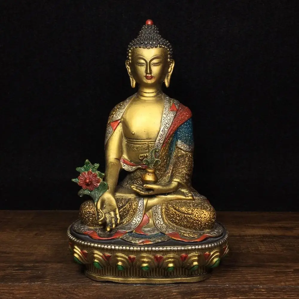 

Home Decor 8" Tibet Buddhism Temple Old Bronze Painted Shakyamuni Medicine Buddha Buddha Statue Enshrine the Buddha