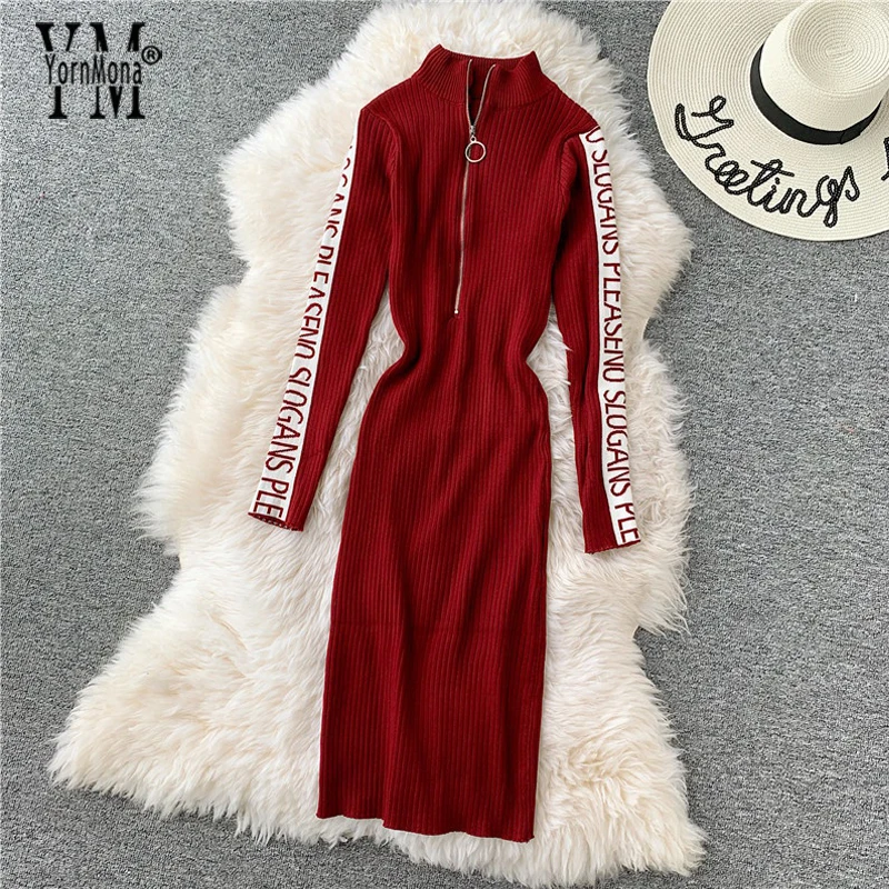 

YuooMuoo Europe Style Slim Knitted Midi Dress Women 2019 Zipper Turtleneck Autumn Sweater Dress Long Sleeve Winter Bodycon Dress