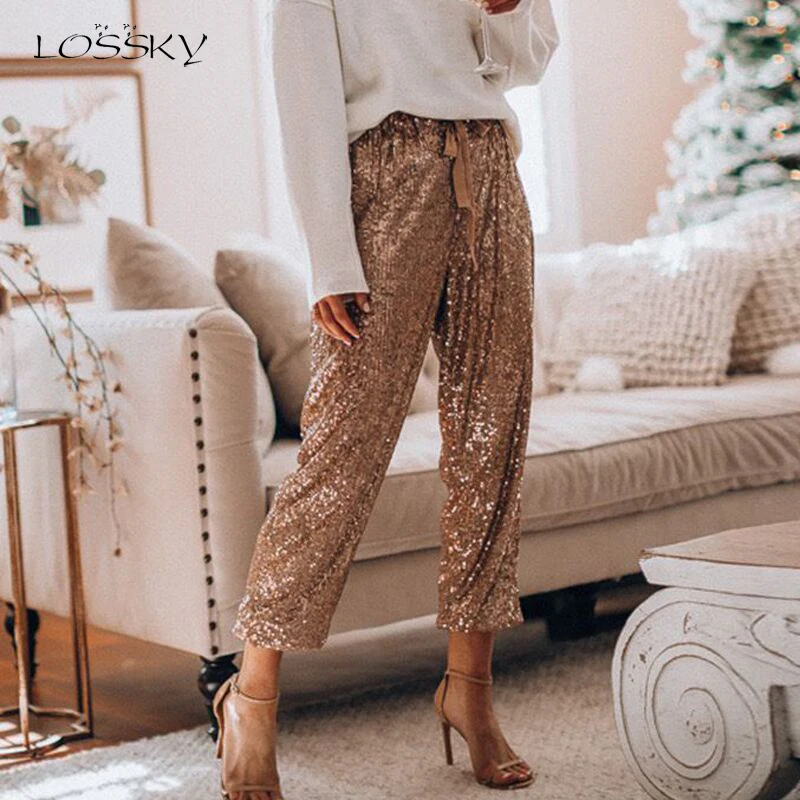 

Lossky Gold Sequined Glitter Elegant Women Long Nightclub Party Pants High Waist Ladies Drawstring Loose Clothes Baggy Trousers