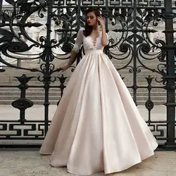 Атлас цвета шампана Половина рукава Свадебные платья 2019 вырез лодочкой Иллюзия сзади аппликации свадебное платье с кружевами платья Vestido de