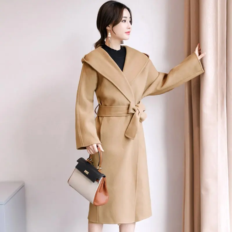 

Korean Fashion Long Khaki Wool Coat Women Fall Winter Woolen Coats Plus Size Black Casual Ladies Outerwear Hooded Solid Elegant