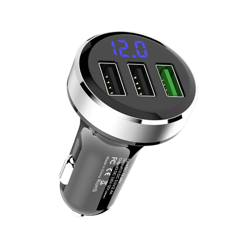 Серебристый 12V с 3 портами(стандарт QC 3,0 авто зарядное устройство для Зарядное устройство адаптер светодиодный Напряжение Дисплей для iPhone и Android - Название цвета: Серебристый