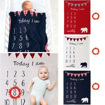 

Baby Knitted Bedding Wrap Blanket Monthly Newborn Photography Background Cloth with Cartoon and Month Patterns Type