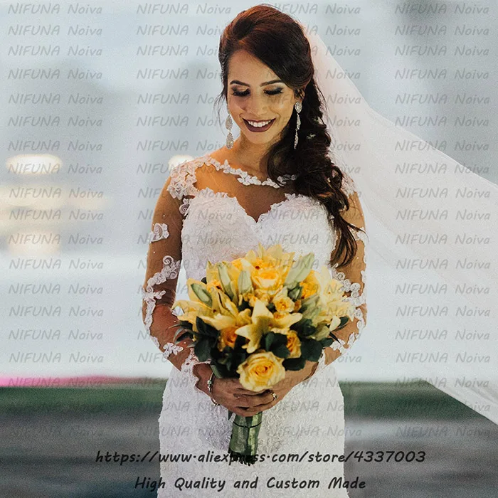 Vestido de noiva Африканские свадебные платья Бохо Кружева Русалка свадебное платье с длинными рукавами сексуальные сзади Свадебные платья Robe Mariage - Цвет: White Color Skin Net