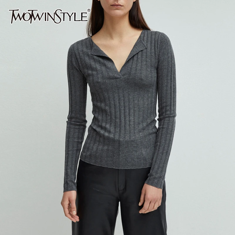 

TWOTWINSTYLE White Striped Women's Sweaters V Neck Long Sleeve Female Slim Korean Sweater Autumn Large Size Fashion New 2019
