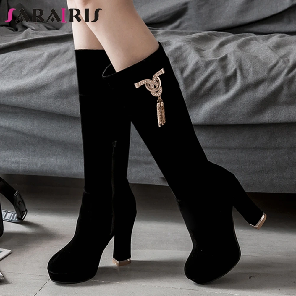 

SARAIRIS Plus Size 32-48 New Fashion Metal Decoration Ladies High Heels Shoes Woman Platform Party Ol Mid Calf Bots Women
