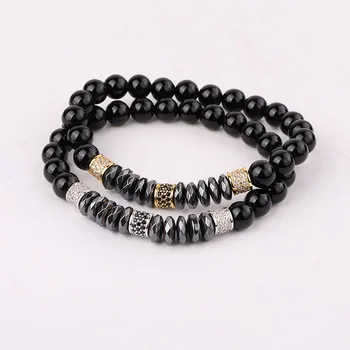 JARAVVI Natural Stone CZ Pave Charm Onyx Elastic Beads Bracelet Set Men Jewelry Gift