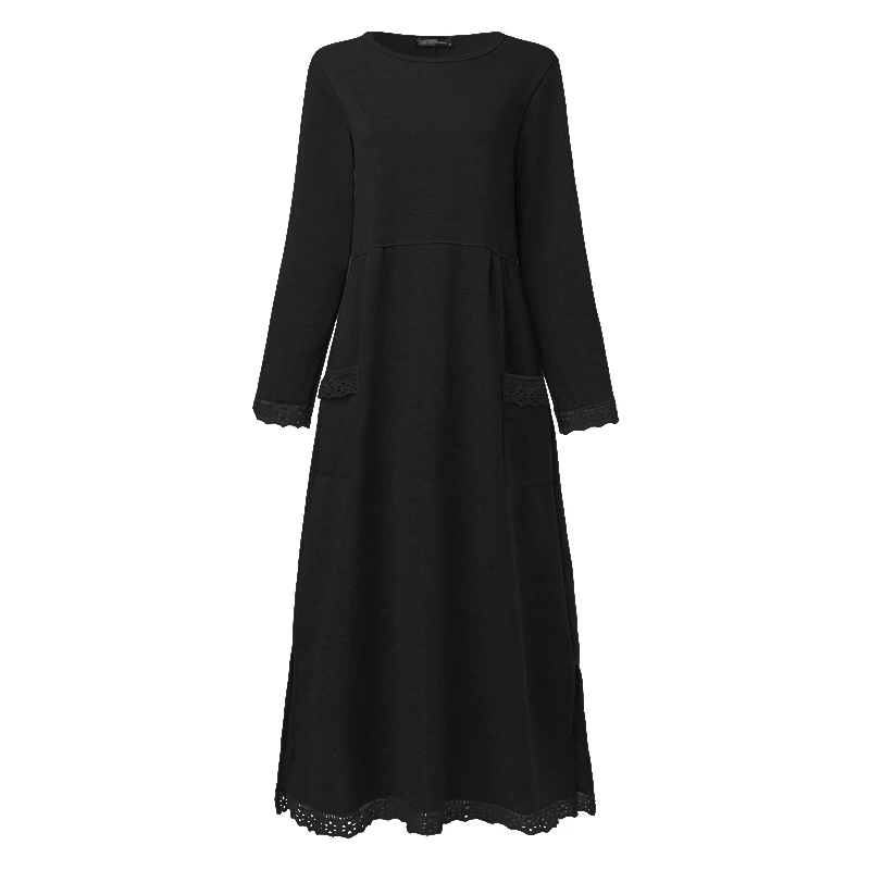 ZANZEA Women Turtleneck Long Sleeve Sweatshirts Dress Casual Plush Fluffy Patchwork Long Dress Autumn Vintage Vestido Sundress - Цвет: Style 2 Black
