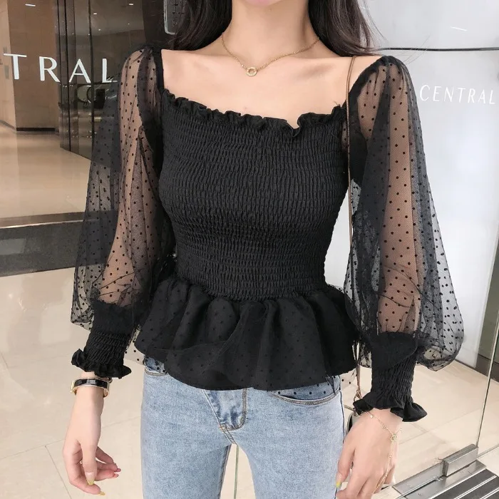Женские топы и блузки, blusas mujer de moda, рукав-фонарик, квадратный воротник, оборки, короткие шифоновые, в стиле пэчворк, милый стиль, adies