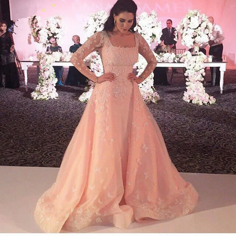Модное платье Vestido de festa с длинным рукавом, мусульманское платье для выпускного вечера с квадратным воротником и аппликацией из бисера, кружевное платье со съемным шлейфом для матери невесты