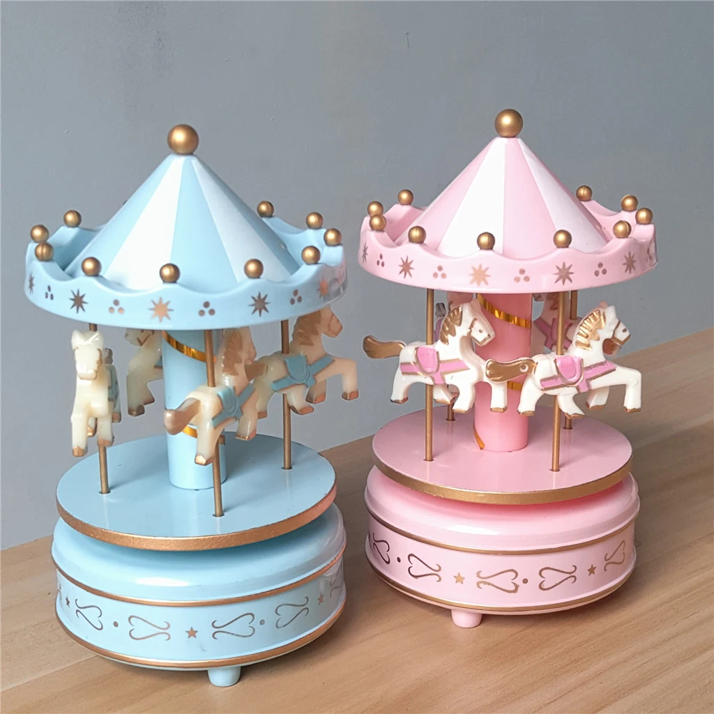 Wooden Horse Merry-Go-Round Carousel Musical Boxes for Kids Children Toy Christmas Birthday Gifts Home Tabletop Cafe Decor