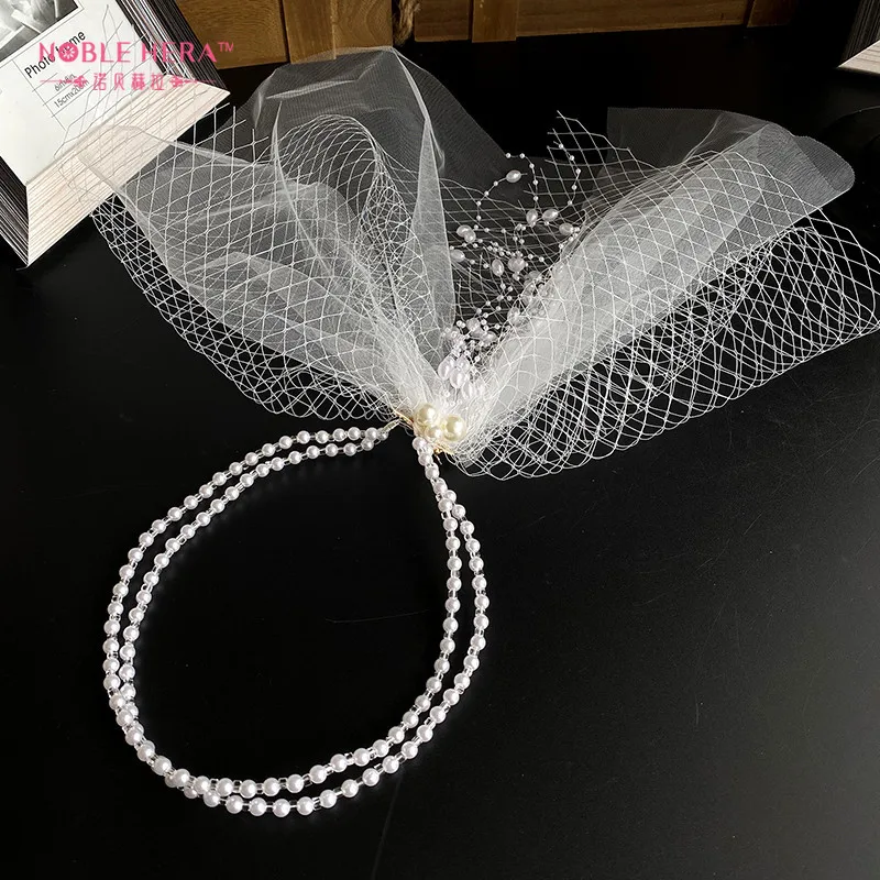 Bridal Pearl Veil Adjustable Mesh Belt Hair Accessories Wedding Headband Headdress