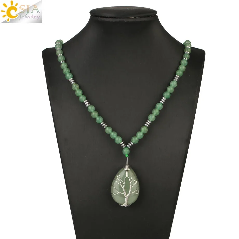Aventurine Chakra CSJA Tree of Life Wire Wrap Water Drop Pendants Chakra Natural Stone Aventurine Pink Crystal Beaded Necklaces for Women Men S476 - Окраска металла: Aventurine Chakra