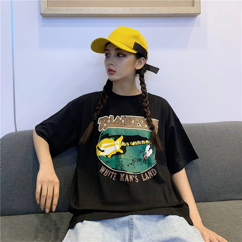 

Focal20 Funny Cartoon Print Women T Shirts Top Tees Letter Print Short Sleeve Summer Women Top Tees T-shirts O-Neck Lady T Shirt