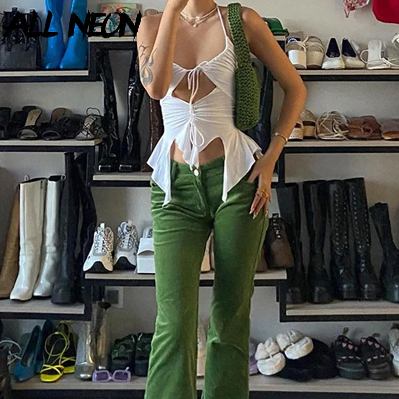 ALLNeon 2000s Aesthetics Sexy Ruffles Cut Out White Tank Tops Y2K Fashion Bandage Hollow Out Halter Tops Drawstring Clubwear