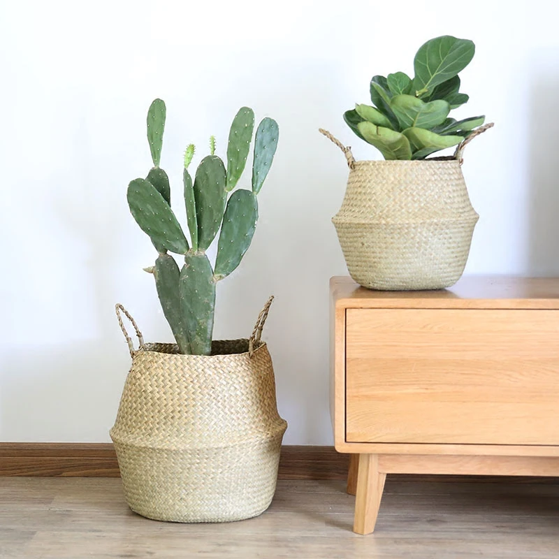 WHISM S/M/L 해초 등나무 짠 바구니 접이식 꽃 냄비 수제 짠 꽃 바구니 의류 보관 바구니