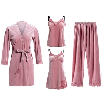 

4PCS Velvet Kimono Bath Robe SET Sexy Lace Pajamas Set Autumn NEW Women Sleepwear Suit Bride Bridesmaid Wedding Dressing Gown