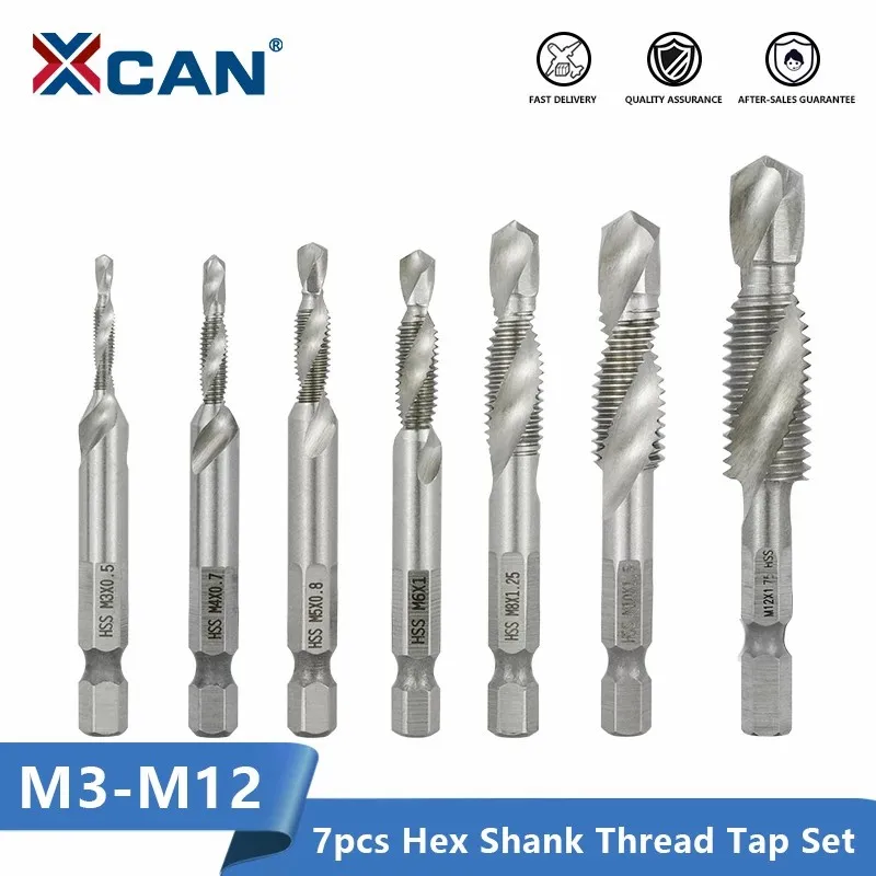 

XCAN Threading Tools Hex Shank HSS4341 Screw Thread Tap 7pcs M3 M4 M5 M6 M10 M12 Spiral Machine Plug Tap Drill Thread Tap