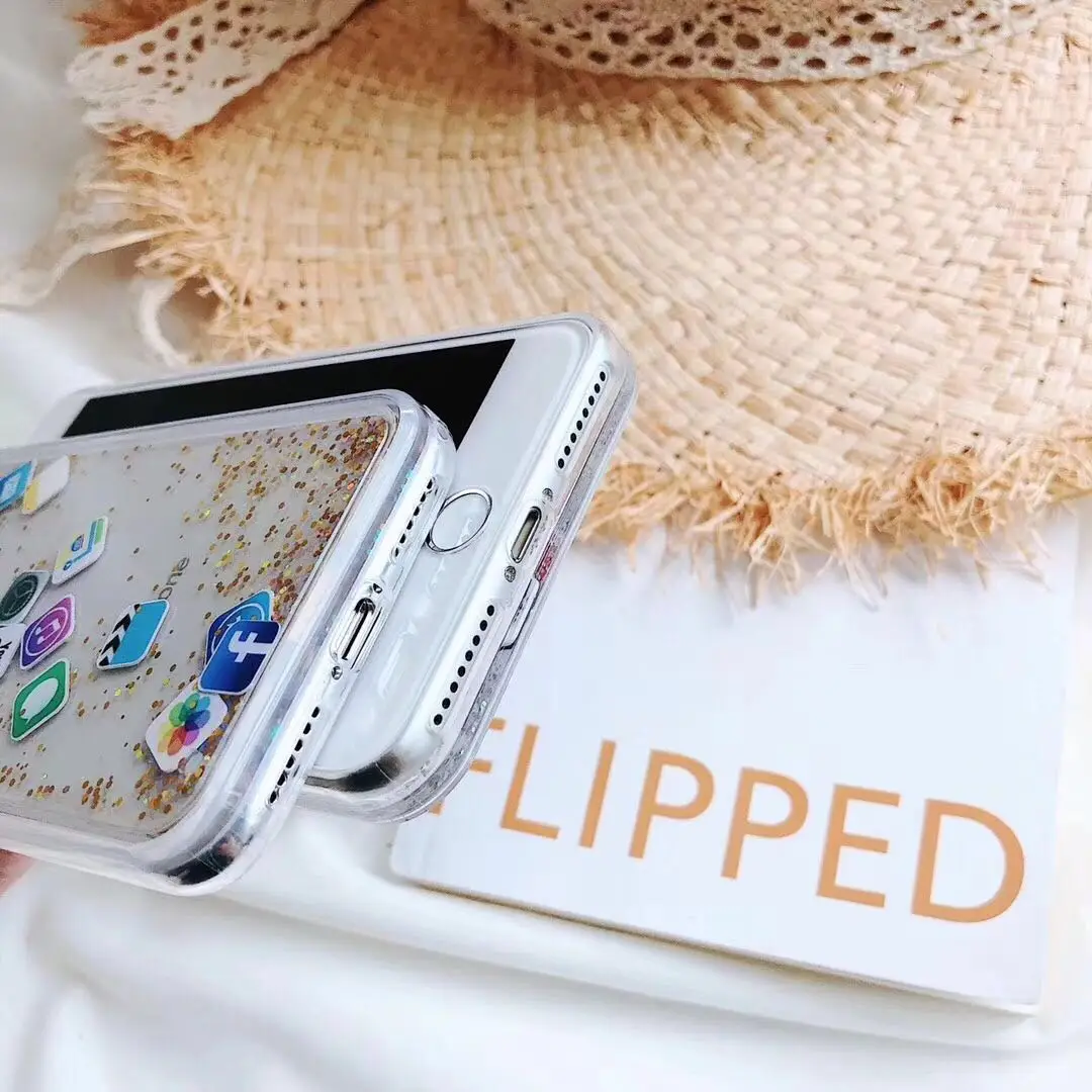 Чехол Quicksand для iPhone 7 X XR XS Max 9 10, динамический жидкий значок приложения, Жесткий Чехол для iPhone 8 Plus, 6, 6 S, 7, 8 Plus, блестящий чехол