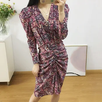 

Women Dress Silk Print Dress V-neck Princess Long Sleeve Pleated Decoration Slim Sexy Skirt