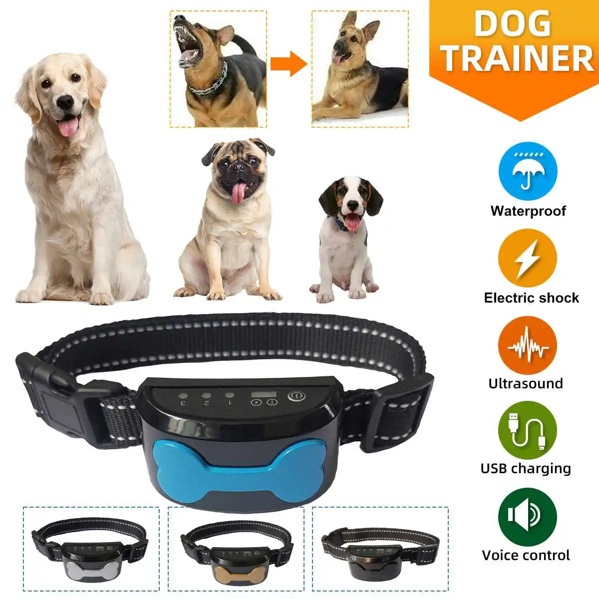 Collar antiladridos para pequeños, medianos y grandes, al agua, recargable, con vibración|Collares de adiestramiento| - AliExpress