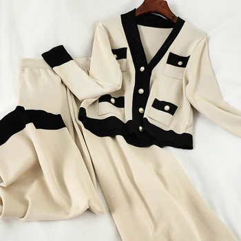 

Elegant Lace Up Bow Knit Knit Pants 2 Piece High Waist Wide Leg Long Pants Lady Single Breasted Elastic Waist Two Piece Suit New