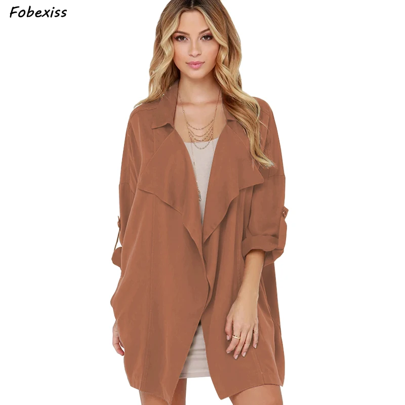 

Trench Coat Women Fall 2019 Plus Size Cardigan Windbreak Three Quarter Turn Down Collar With Pocket Elegant Vintage Trench Coat