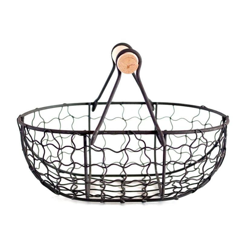 Wooden Handle Metal Retro Basket Portable Multi-Function Vegetable Fruit Egg Groceries Practical Storage Organizer Black | Дом и сад