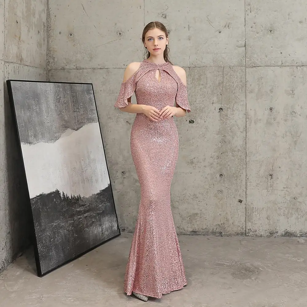 Pink Красное платье с блестками и круглым вырезом, с открытыми плечами, с коротким рукавом, длинное вечернее платье, вечернее платье для женщин, одежда для вечеринок, Сексуальные клубные платья - Цвет: Pink