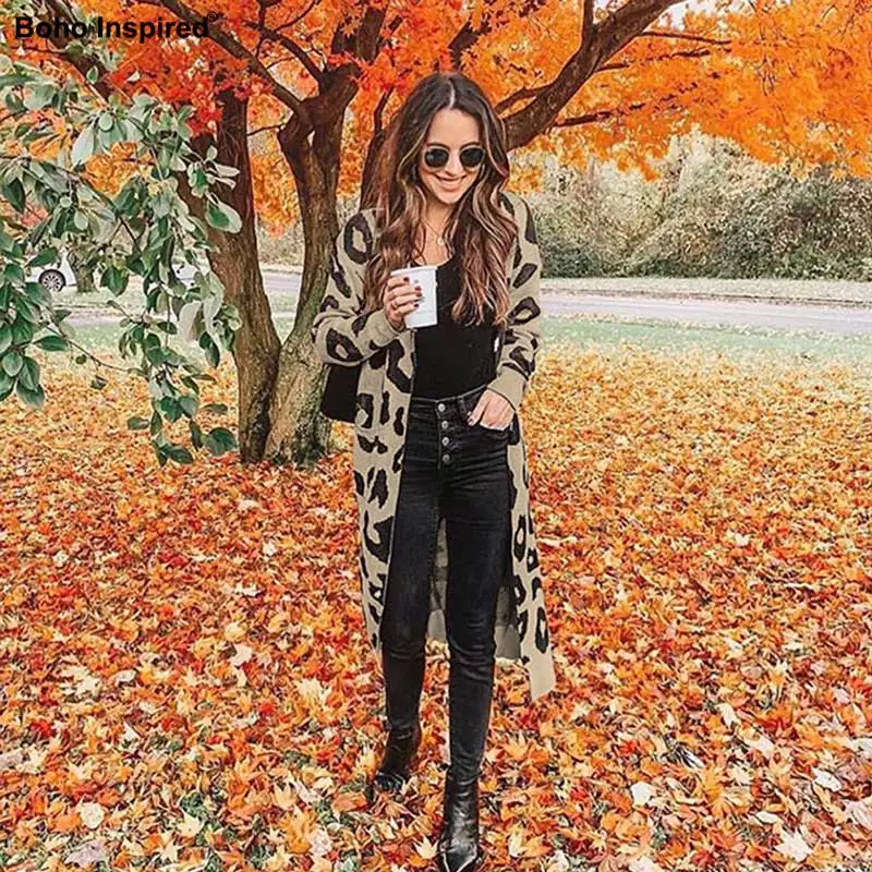 Богемный Вдохновленный Леопард негабаритных Свободный теплый кардиган-пальто Теплые повседневные Карманы длинный дизайн женские кардиганы трикотажные Новинка - Цвет: yellow