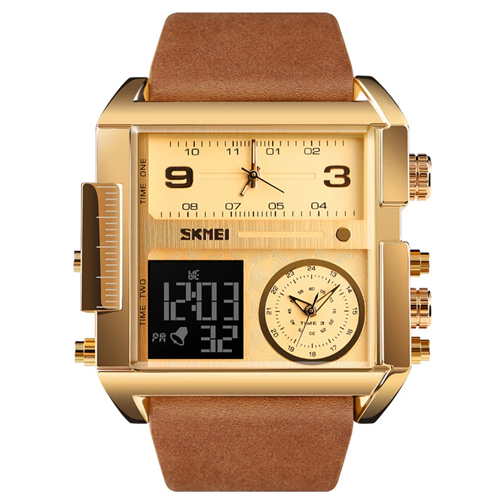 SKMEI 1391 модные квадратные кварцевые наручные часы с циферблатом, многофункциональные водонепроницаемые Мужские часы из натуральной кожи