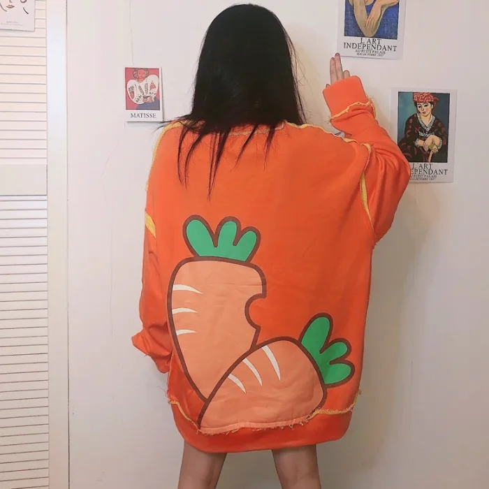 

Cartoon Funny Print Oversized Loose Long Sleeve Orange Fashion Sweatshirt Pullover Women Korean Harajuku Hoodies Kawaii Clothes