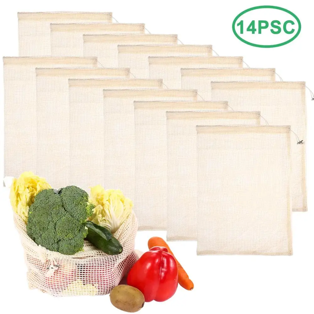 14pcs 14 шт. 6 шт. многоразовые хлопковые сумки для производства сетчатых овощей Кухонные моющиеся сумки для хранения фруктов и продуктов с Кулиской - Цвет: 14pcs