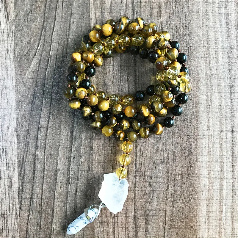 Натуральный AAA черный турмалин тигровый глаз и желтый кварц Мала ожерелье 108 Мала Бусы длинное ожерелье с кисточками ювелирные изделия для медитации