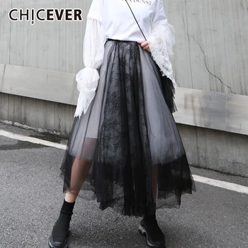 

CHICEVER Patchwork Mesh Skirt For Women High Waist Lace Black And White Hit Color Large Size Skirts Female 2020 New Clothes Tide