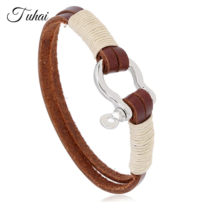

New Creative Brown Layers Braided Rope Genuine Leather Bracelets Shackle Buckle Bangles Men Trendy Jewelry