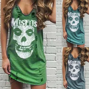 

2020 New Summer Women Fashion Skull Print V Neck Casual Punk Sleeveless Hole Dress Mujer Femme Vestidos Sexy Dress