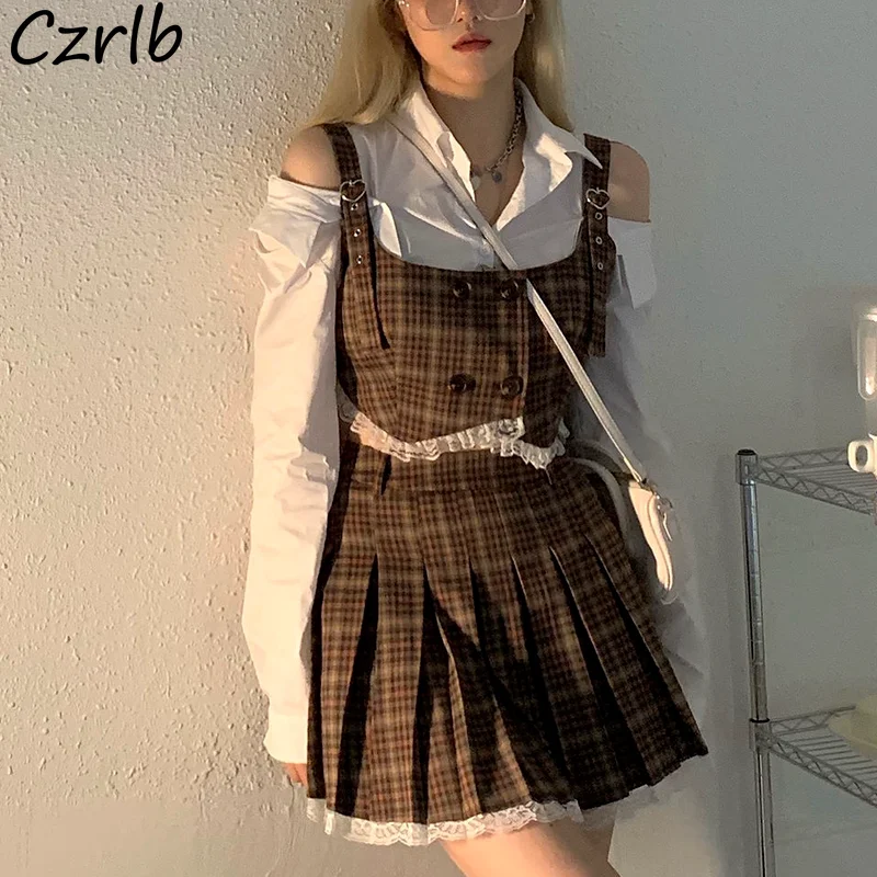 Sets Women Plaid Vest Pleated Mini Skirts Schoolgirls Spring New Basic