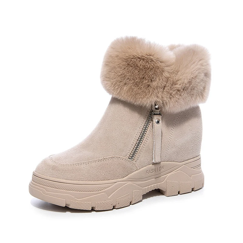 Женские зимние ботинки; зимняя обувь; теплые плюшевые ботильоны со скрытым каблуком для женщин; обувь на молнии; женские черные зимние ботинки из натуральной кожи
