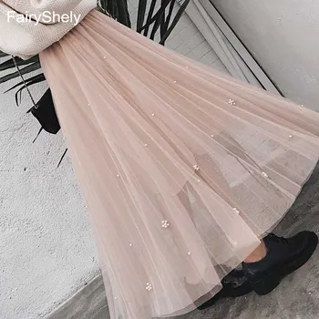 

FairyShely 2019 Beaded Pleated Long Skirt Women Autumn Winter High Waist Midi Skirt Elastic Band Black Tulle Skirt