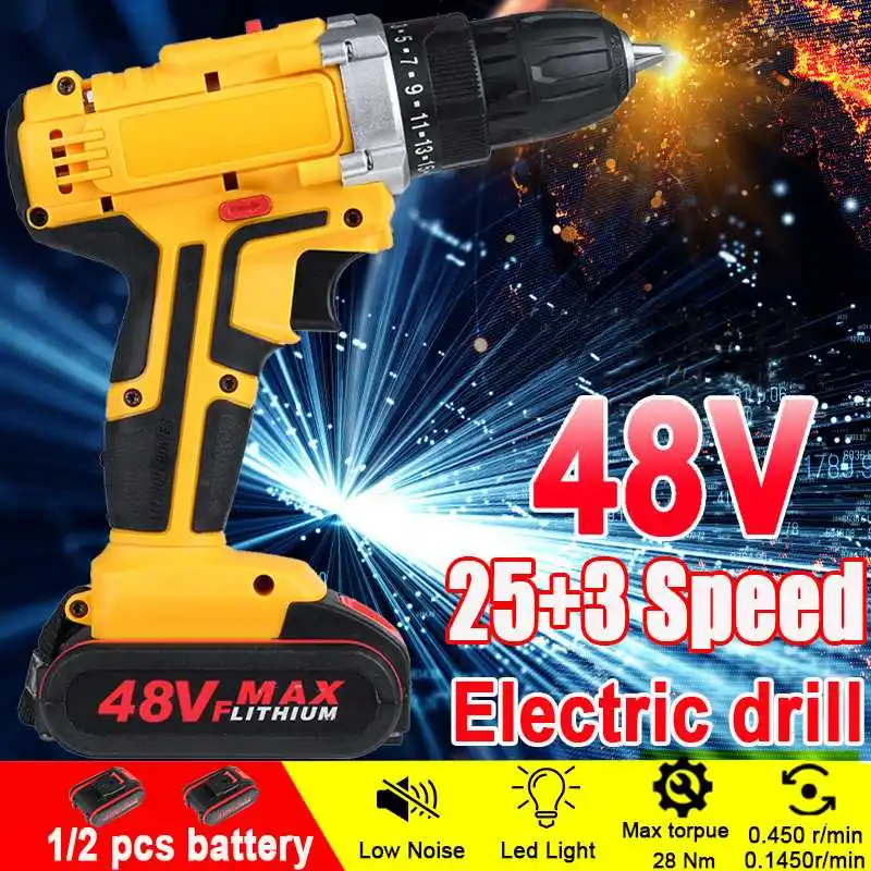 

Professional 48V Max Electric Screwdriver Cordless Drill Rechargeable Power Driver DC Lithium-Ion Battery 2-Speed 25-28Nm