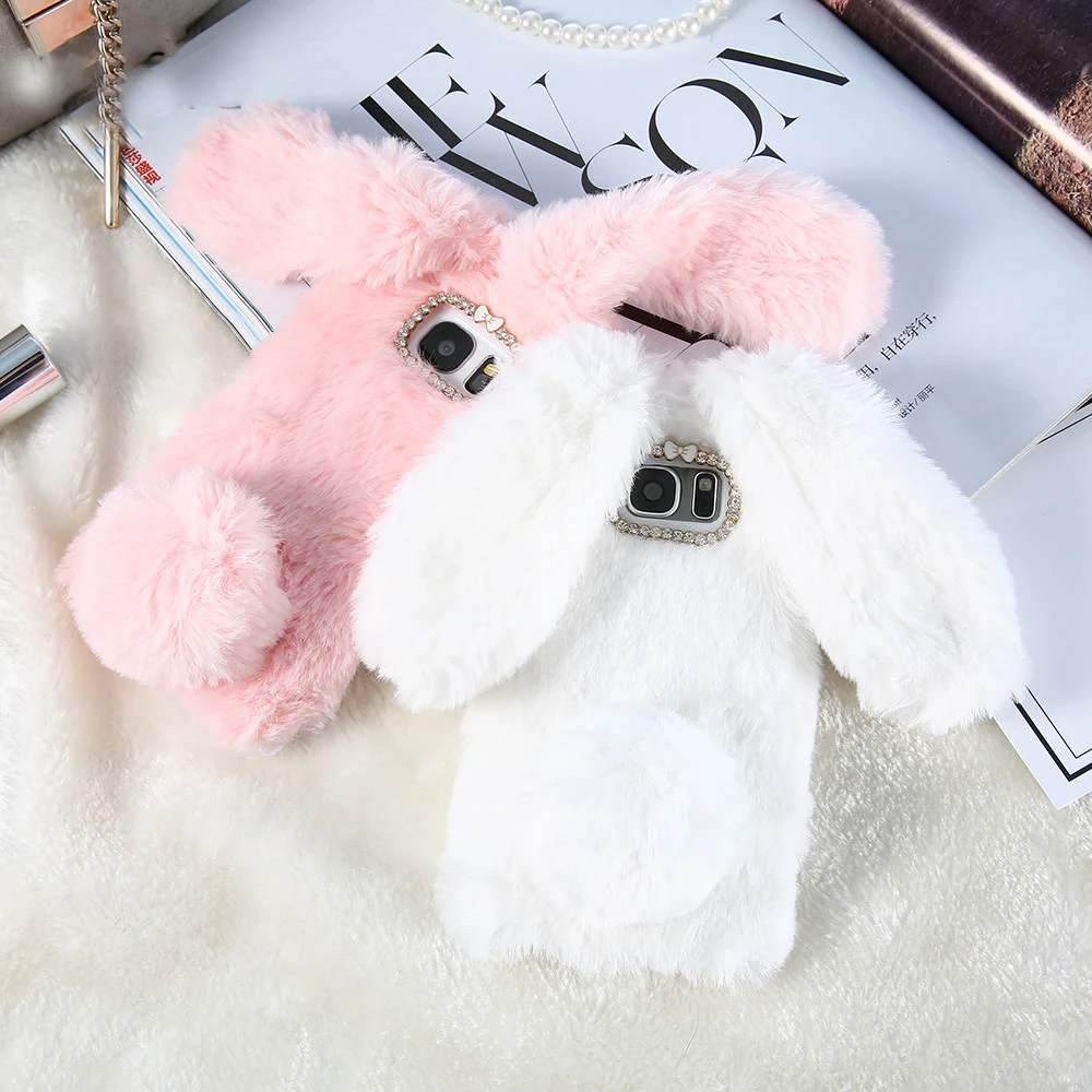 

LAPOPNUT for Samsung Galaxy S9 S8 Plus S7 Edge Fuzzy Bunny Ear Plush Back Cover Phone Case for S10 S10e Note10 Girl Women-Pink