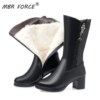 

MBR FORCE Mid calf Wool Women Snow Boots Warm Genuine Leather Fur Warm Shoes Plush Boots Platform for Women Winter Boots Black