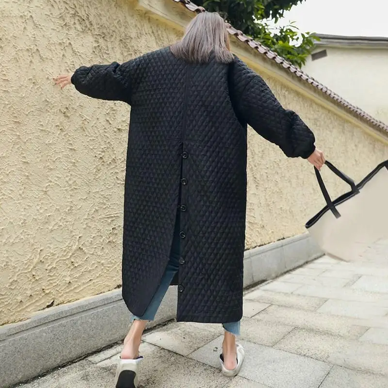Черный негабаритный лацкан сзади Кнопка зимняя куртка женская хлопок Свободное длинное пальто