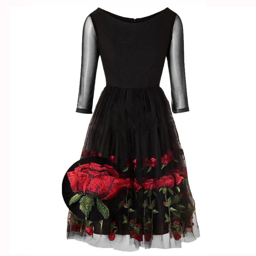 Женское вечернее платье с цветочной вышивкой, элегантное Сетчатое кружевное женское платье в стиле ретро, Черное вечернее винтажное платье на выпускной, Vestidos De Festa Robe