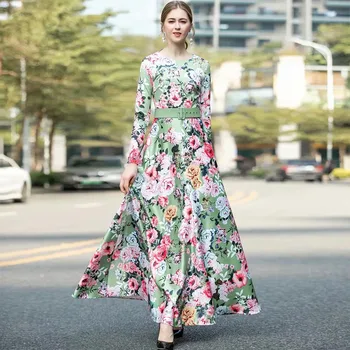 

Xiaomoli Flower multi color retro printing long sleeve round neck long dress belt new show in spring and summer 2020
