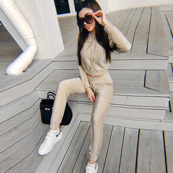 

Gold and Silver Silk Hooded Two-piece European American Autumn Winter Sexy Umbilical Wrinkle Sweatshirttrousers Suit Women Set