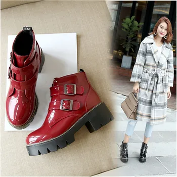 

Spring Autumn 2020 Fashion High Heel Motorcycle Biker Pu Black Red Ankle Boots Shoes