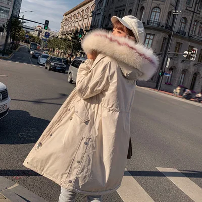 Бежевый Парки Пальто Женщины Зима Повседневный Стиль Меховой Воротник Плюс Бархатный Лайнер Толстый Свободный Пух хлопка Верхняя Одежда Пальто - Цвет: Бежевый