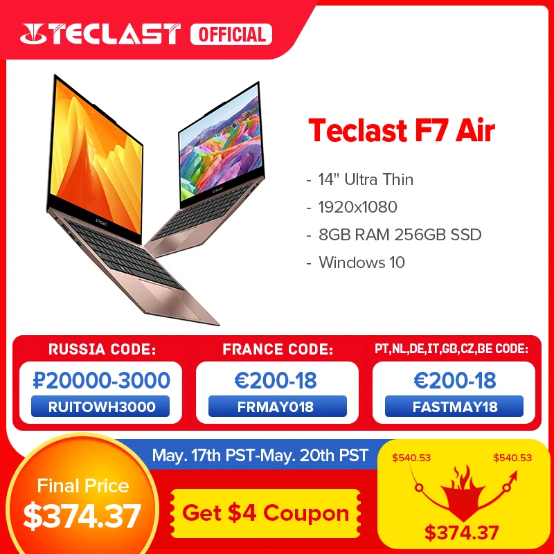 Newest Teclast F7 Air Laptop 1.18KG 14" 8GB LPDDR4 256GB SSD Intel N4120 Notebook 1920x1080 Windows 10 OS 180° Laptops Type-C 1